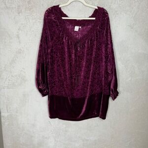 Burgundy Velvet Burnout Boho Blouse Romantic Peasant Top Holiday Chic Size XL